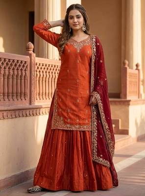 Orange heavy sindoor fandy silk party wear embroidery suit set 1