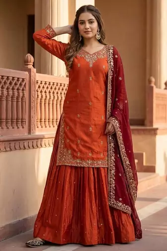 Orange heavy sindoor fandy silk party wear embroidery suit set