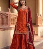Orange heavy sindoor fandy silk party wear embroidery suit set