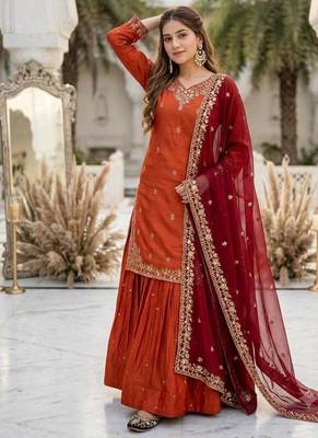 Orange heavy sindoor fandy silk party wear embroidery suit set 2