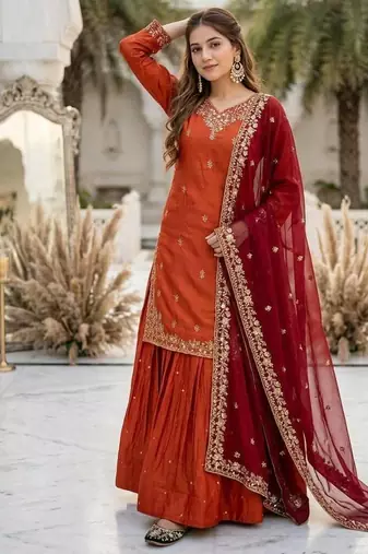 Orange heavy sindoor fandy silk party wear embroidery suit set
