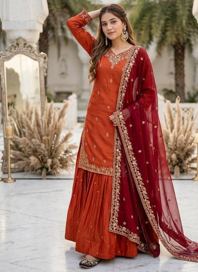 Orange heavy sindoor fandy silk party wear embroidery suit set