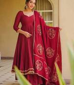 Red heavy roman silk party wear embroidery anarkali suit set
