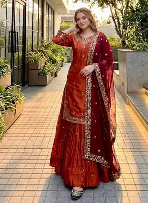 Orange heavy sindoor fandy silk party wear embroidery suit set 3