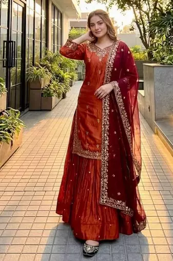 Orange heavy sindoor fandy silk party wear embroidery suit set