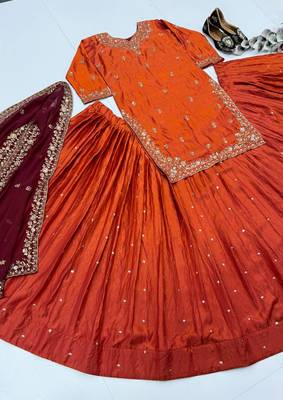 Orange heavy sindoor fandy silk party wear embroidery suit set 4