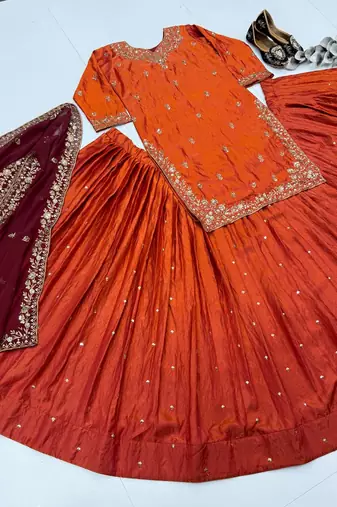 Orange heavy sindoor fandy silk party wear embroidery suit set