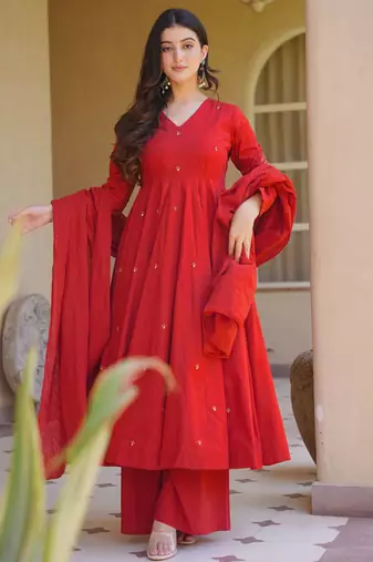 Red heavy roman silk party wear embroidery anarkali suit set