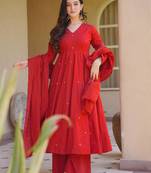 Red heavy roman silk party wear embroidery anarkali suit set