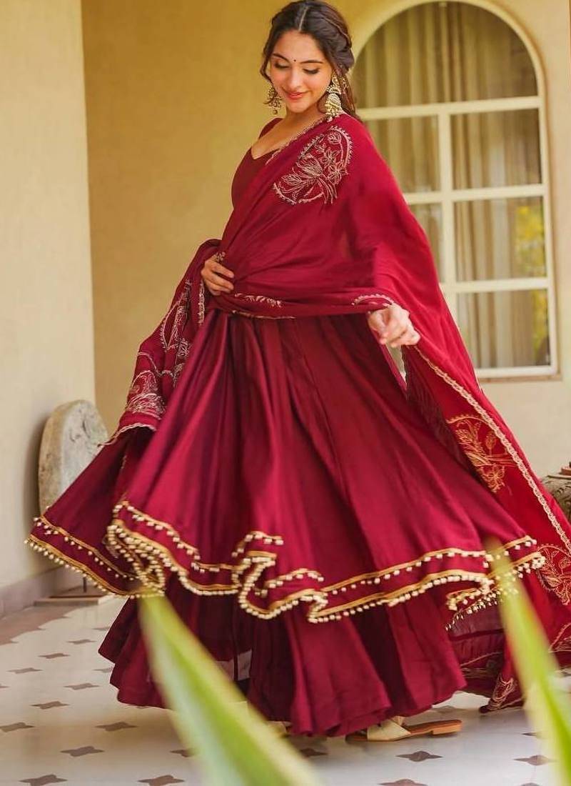 Red heavy roman silk party wear embroidery anarkali suit set
