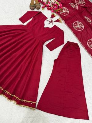 Red heavy roman silk party wear embroidery anarkali suit set 4