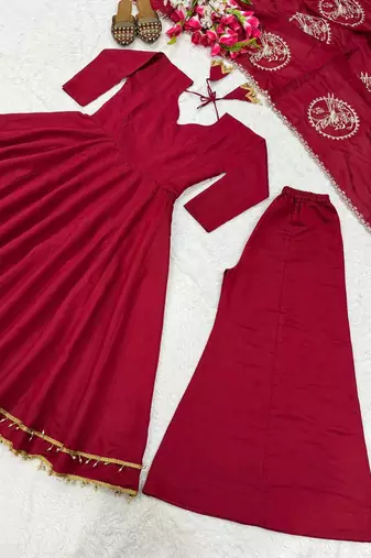 Red heavy roman silk party wear embroidery anarkali suit set