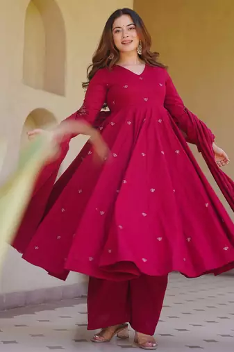 Pink heavy roman silk party wear embroidery anarkali suit set