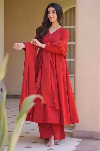 Red heavy roman silk party wear embroidery anarkali suit set