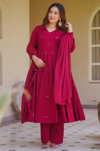 Pink heavy roman silk party wear embroidery anarkali suit set