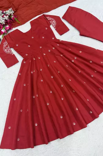 Red heavy roman silk party wear embroidery anarkali suit set