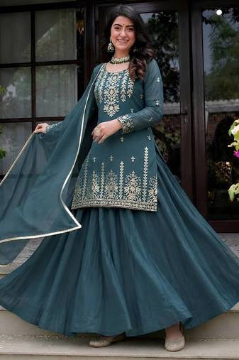 Green heavy roman cotton party wear embroidery suit set