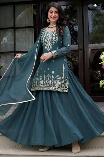 Green heavy roman cotton party wear embroidery suit set