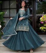 Green heavy roman cotton party wear embroidery suit set