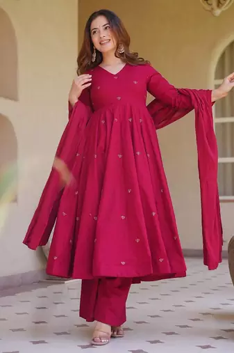 Pink heavy roman silk party wear embroidery anarkali suit set