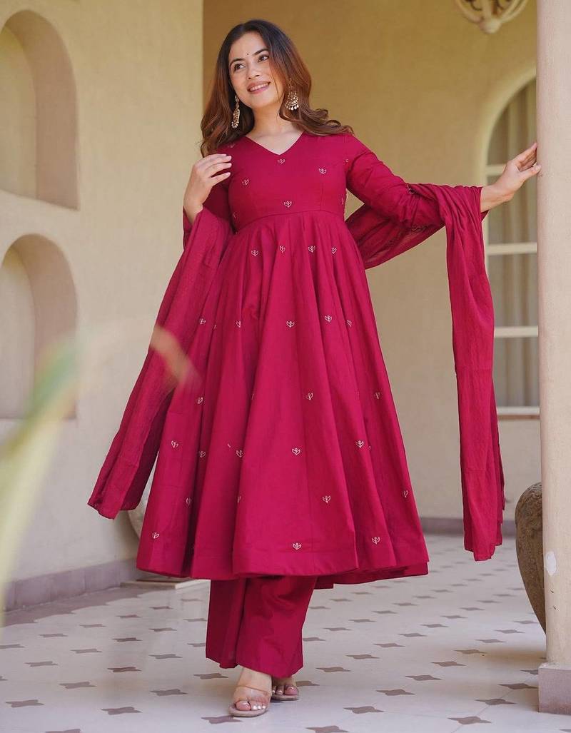 Pink heavy roman silk party wear embroidery anarkali suit set