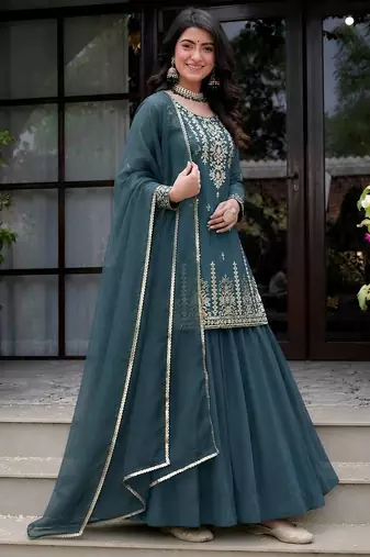 Green heavy roman cotton party wear embroidery suit set