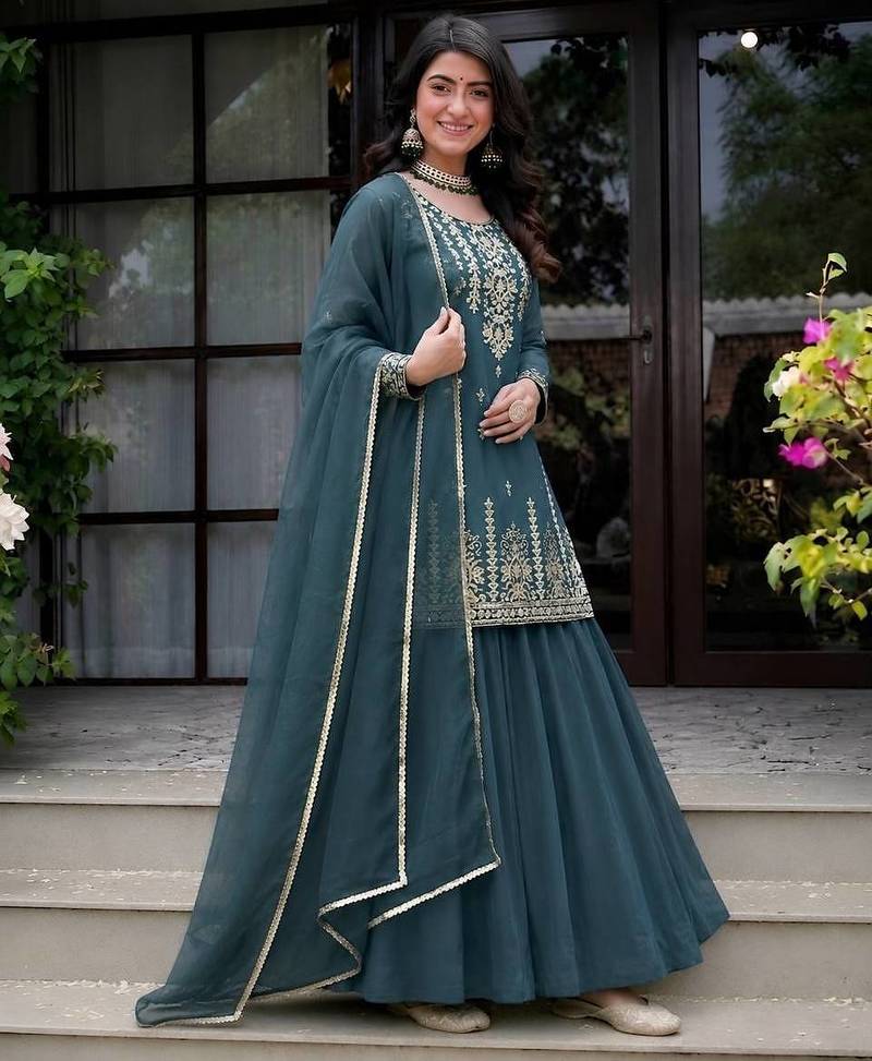 Green heavy roman cotton party wear embroidery suit set
