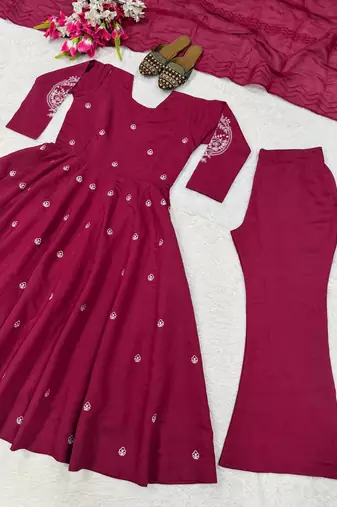 Pink heavy roman silk party wear embroidery anarkali suit set