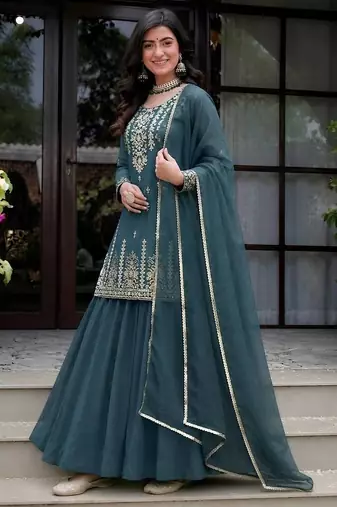 Green heavy roman cotton party wear embroidery suit set