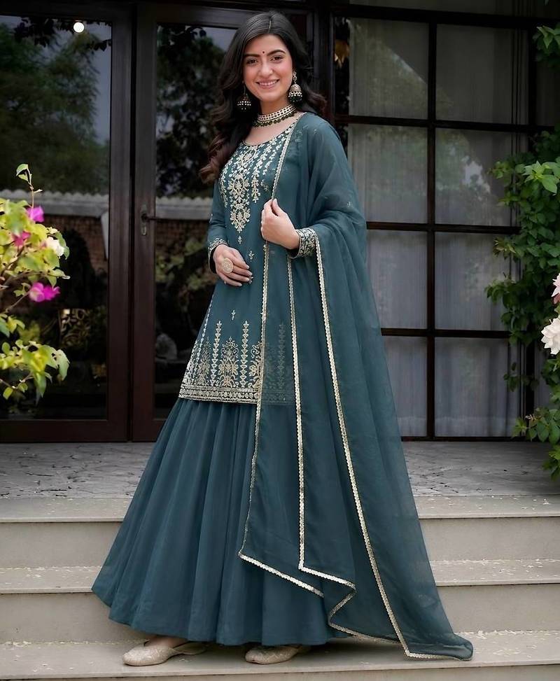 Green heavy roman cotton party wear embroidery suit set
