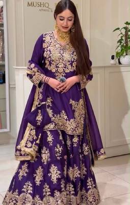 Purple heavy natural silk blend  party wear embroidery suit set 1