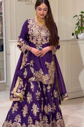 Purple heavy natural silk blend  party wear embroidery suit set