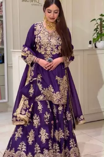 Purple heavy natural silk blend  party wear embroidery suit set
