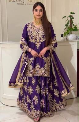 Purple heavy natural silk blend  party wear embroidery suit set 2