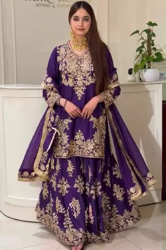 Purple heavy natural silk blend  party wear embroidery suit set