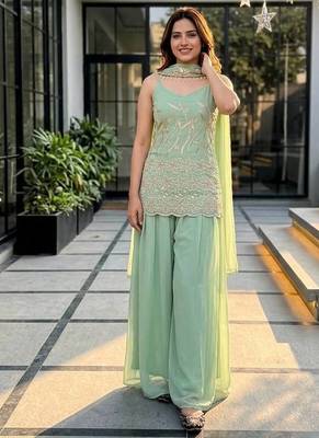 Sky green heavy faux georgette party wear embroidery suit set 1