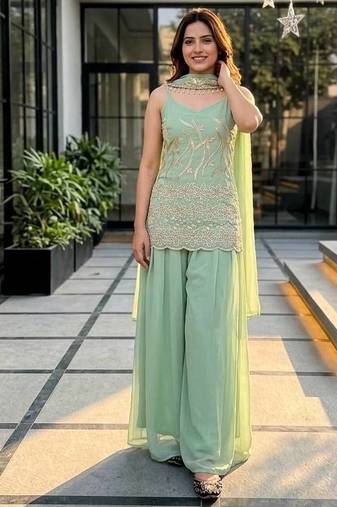 Sky green heavy faux georgette party wear embroidery suit set
