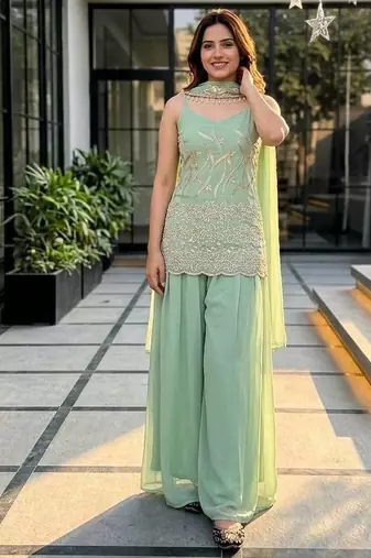 Sky green heavy faux georgette party wear embroidery suit set