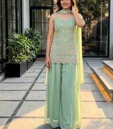 Sky green heavy faux georgette party wear embroidery suit set