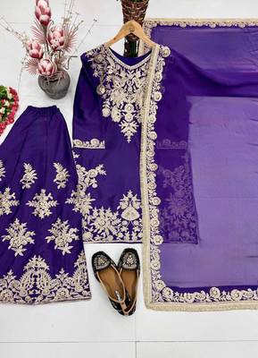 Purple heavy natural silk blend  party wear embroidery suit set 3