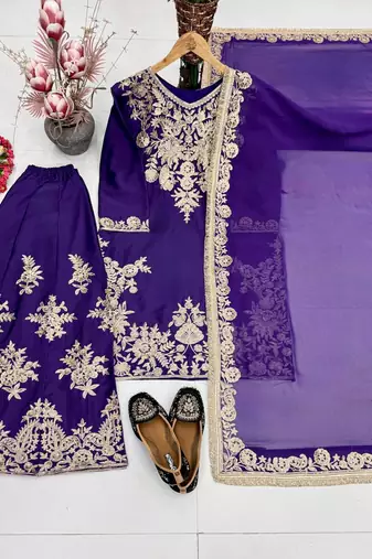 Purple heavy natural silk blend  party wear embroidery suit set