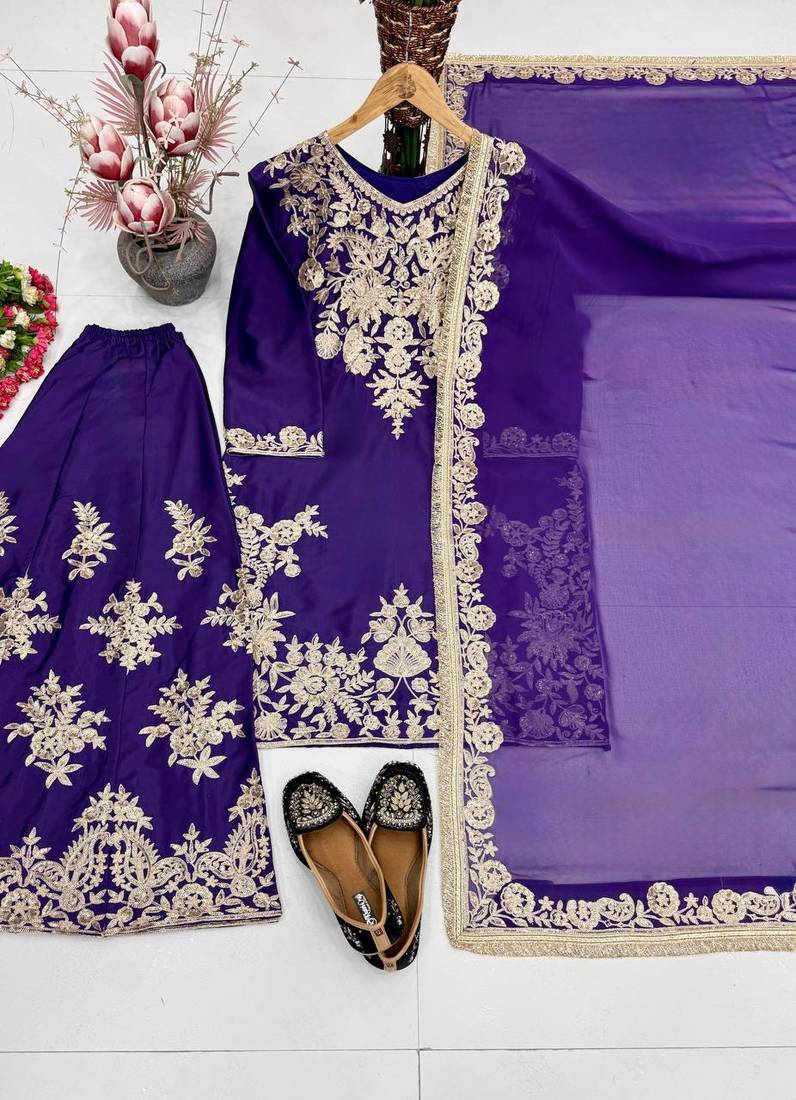Purple heavy natural silk blend  party wear embroidery suit set