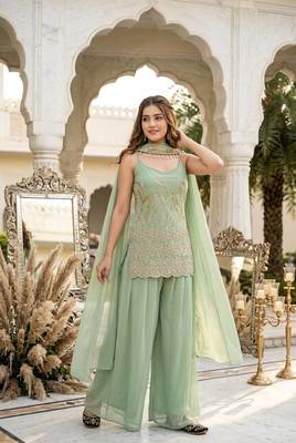 Sky green heavy faux georgette party wear embroidery suit set 2