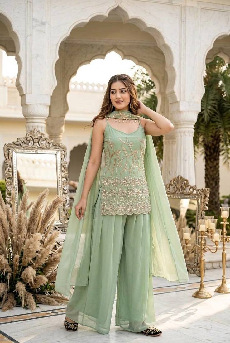 Sky green heavy faux georgette party wear embroidery suit set