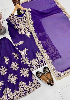 Purple heavy natural silk blend  party wear embroidery suit set 4