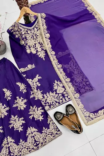 Purple heavy natural silk blend  party wear embroidery suit set