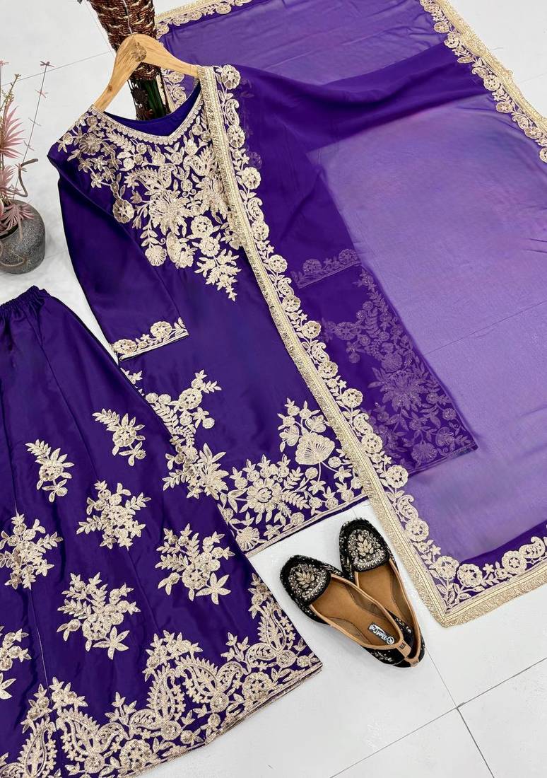 Purple heavy natural silk blend  party wear embroidery suit set