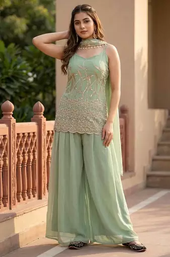 Sky green heavy faux georgette party wear embroidery suit set
