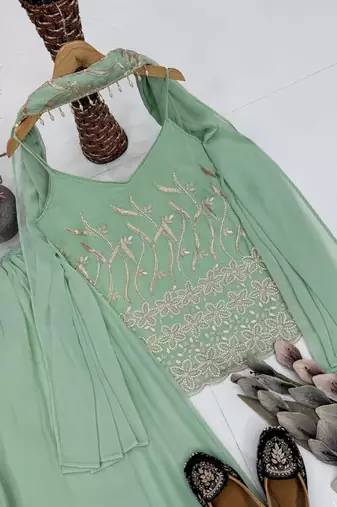Sky green heavy faux georgette party wear embroidery suit set