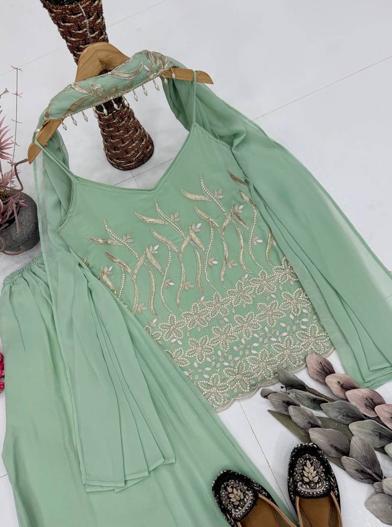 Sky green heavy faux georgette party wear embroidery suit set